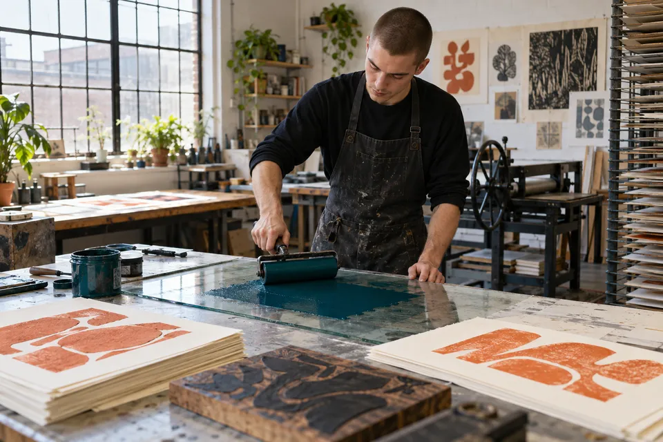 Printmaker rolling ink with a brayer