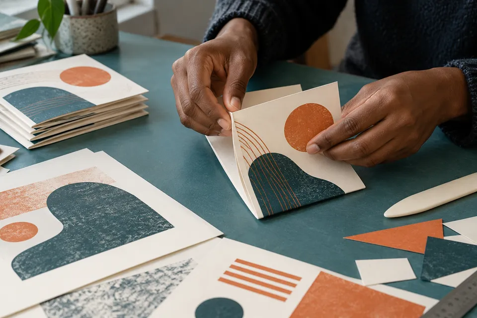 Hands folding paper into a small publication