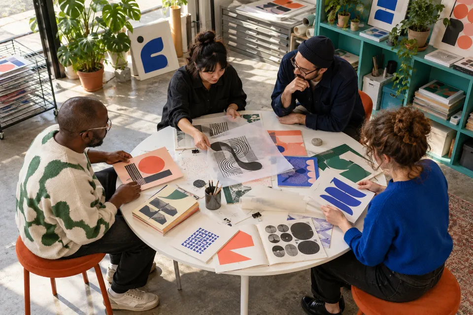 Adults working together around a print studio table