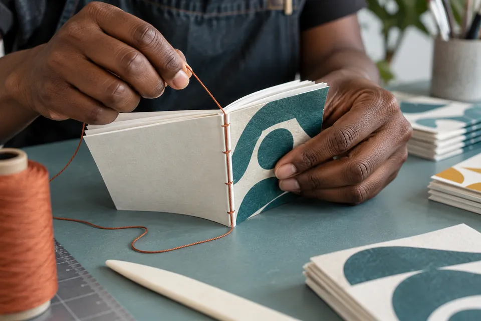 Thread being sewn through a booklet spine