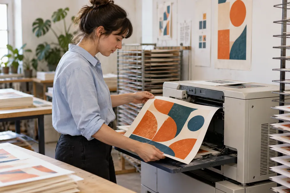 Maker lifting a fresh print from the work surface
