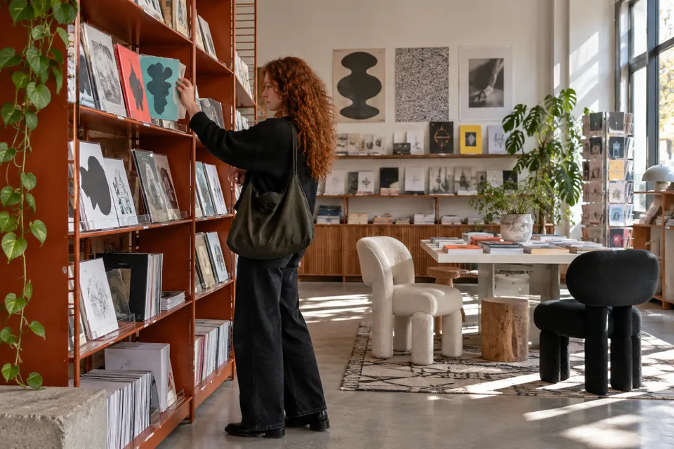 A small publication being selected from a studio shelf