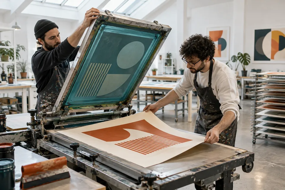 Two adults working together at a screenprinting frame