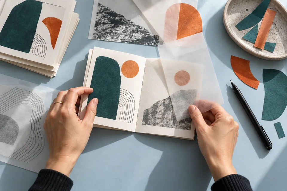 Paper dummies and illustration elements arranged on a table