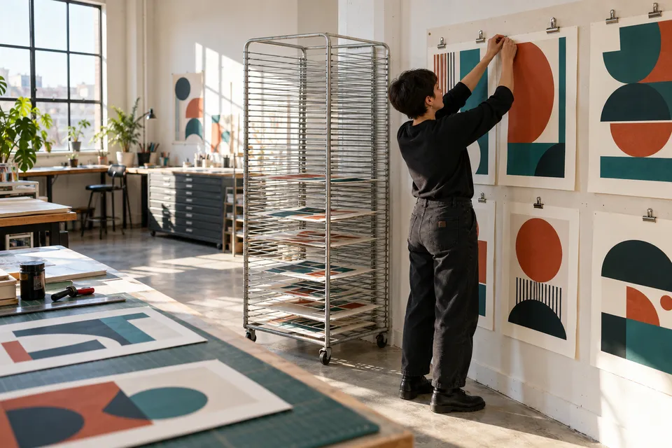 Fresh prints being hung on a workshop wall