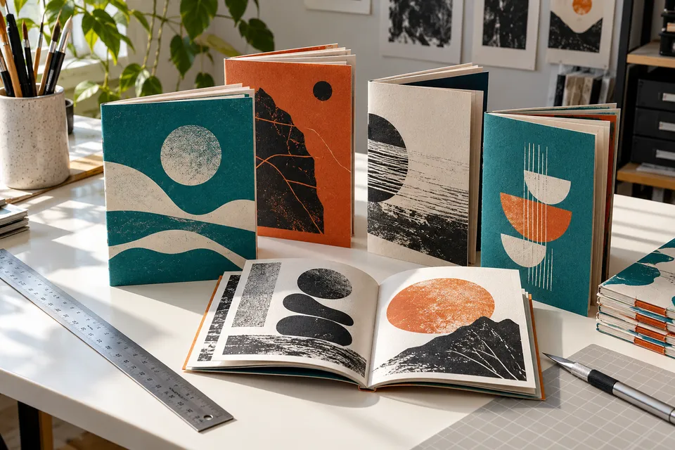 Finished handmade zines beside paper-cutting tools
